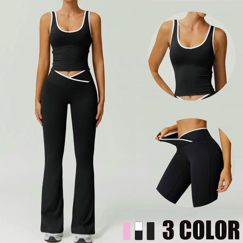 Summer Outfits 2Pcs Matching Clothing Set Sports Bra Bell Bottoms Tummy Control High Waisted Leggings Sets Crop Tops Stretchy Running Fitness Women'S Workout Yoga Set Flared Leggings Crossover V-Cut Pants Shorts 3 Color Options