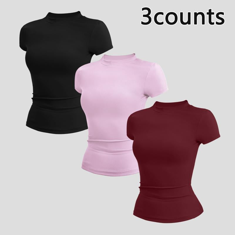 Women'S Solid Color Crew Neck Sports T-Shirt, Sports Short Sleeve Crew Neck T-Shirt, Slim Fit and Stretchy, Perfect for Yoga, Gym, Workout, Daily Outdoor Wear, Women'S Sportswear