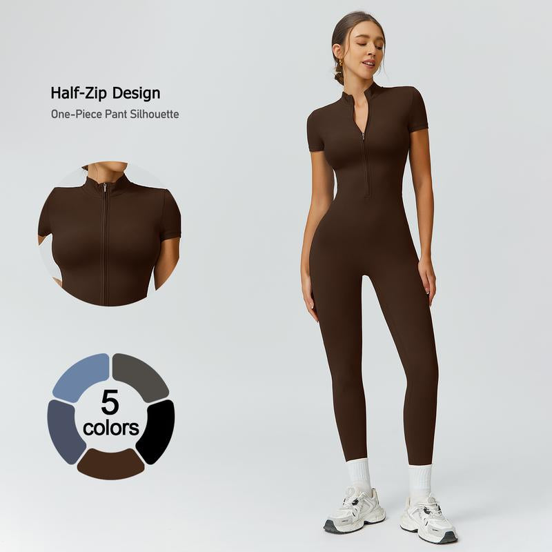 Timeoff Half-Zip Stand-Collar Slim Jumpsuit, One-Piece Pant Silhouette, Solves Body-Sculpting & Flexible Fit Need for Yoga, Fitness Workouts & Active Training Scenarios,Jumpsuit Women,Sweatsuits Women,Loungesetwomen
